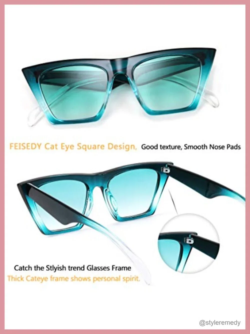 Vintage Square Cat Eye Sunglasses UV400 Protection Lightweight Acetate Frame